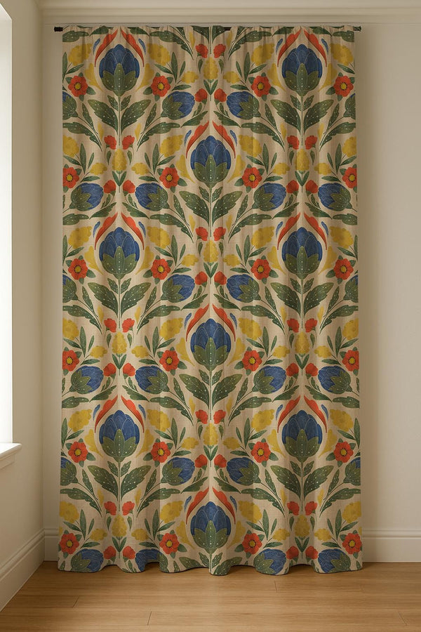 Colorful Folk Floral Linen Curtain – Boho Botanical Panel, Scandinavian Farmhouse Drapes