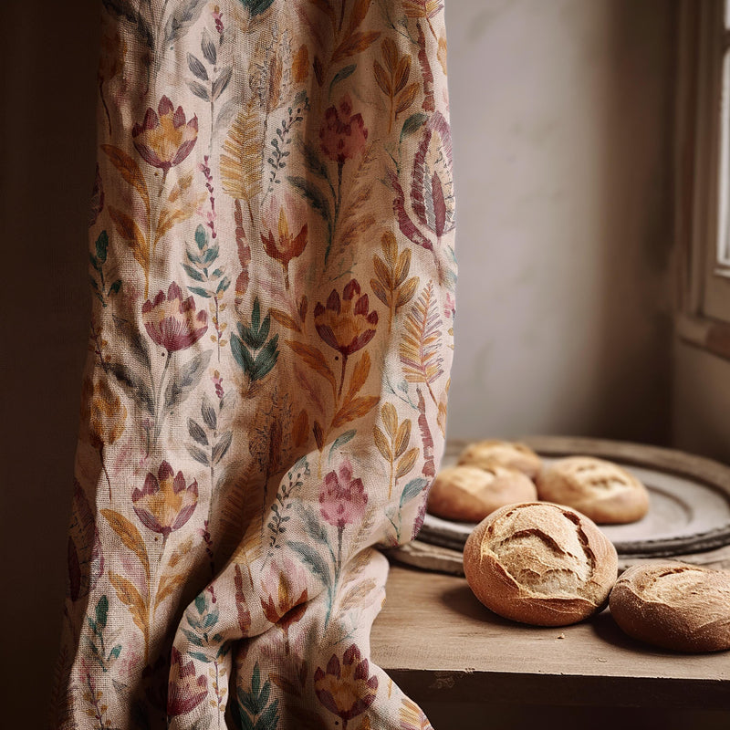 Warm Meadow Linen Curtain – Watercolor Wildflower Botanical Window Panel, Custom Drapes