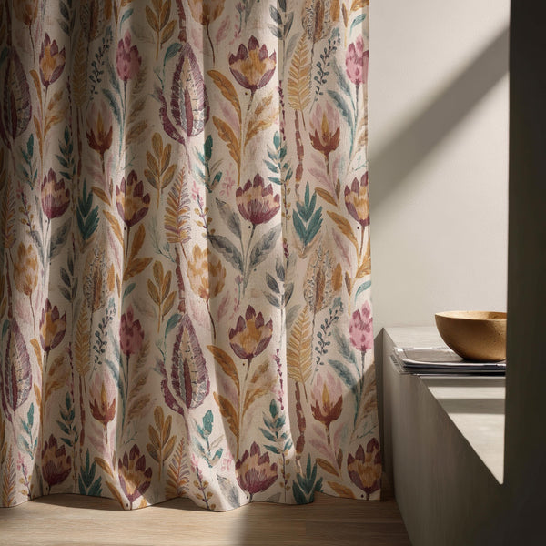 Warm Meadow Linen Curtain – Watercolor Wildflower Botanical Window Panel, Custom Drapes