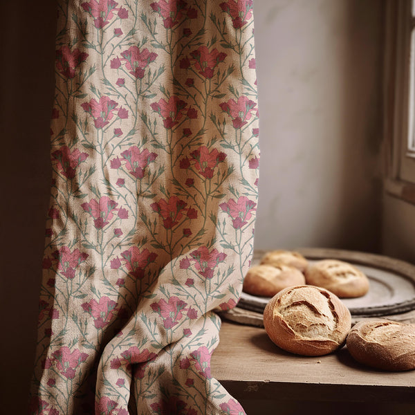 Vintage Pink Floral Linen Curtain – Botanical Cottagecore Panel, Green Foliage Pattern, Custom Window Drapes