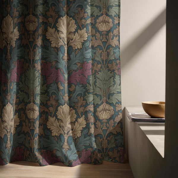 Vintage Botanical Linen Curtain – Teal, Gold Leaf, Art Nouveau