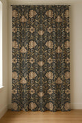 Dark Floral Linen Curtain Panel – Vintage Botanical Beige Flowers on Charcoal – Custom Window Drapery - Image 3
