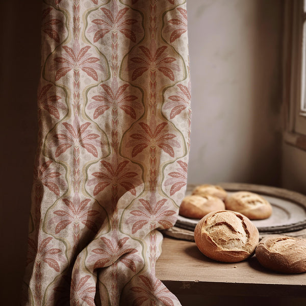 Art Nouveau Palm Floral Curtain – Terracotta & Sage Pattern on Natural Linen Panel