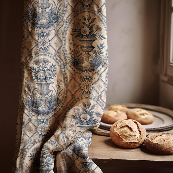 Blue Urn Floral Linen Curtain Panel – Vintage French Botanical Drapery