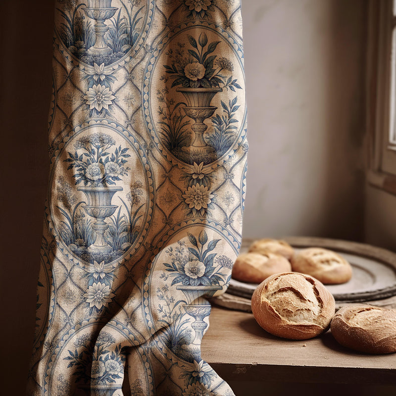 Blue Urn Floral Linen Curtain Panel – Vintage French Botanical Drapery