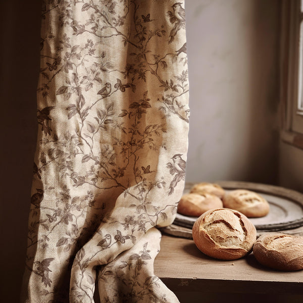 Vintage Bird Toile Linen Curtain – Sepia Branches & Floral Pattern