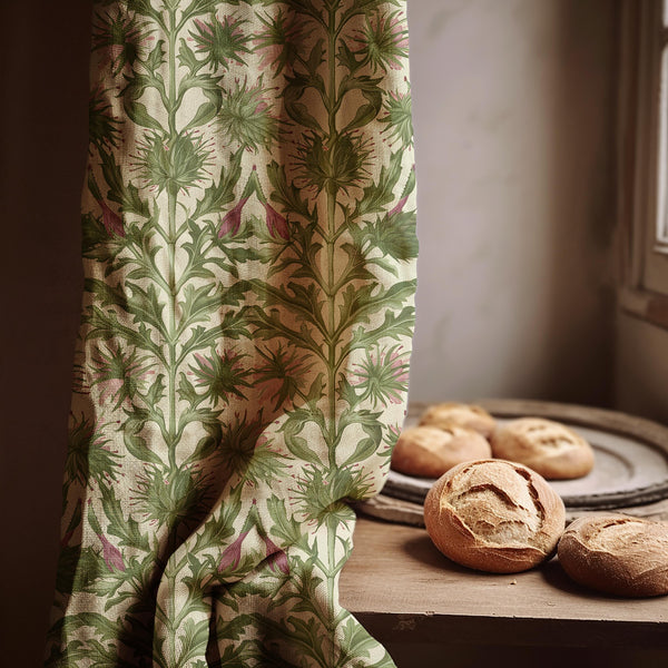 William Morris Linen Curtain Panel: Green Thistle Botanical Drapes