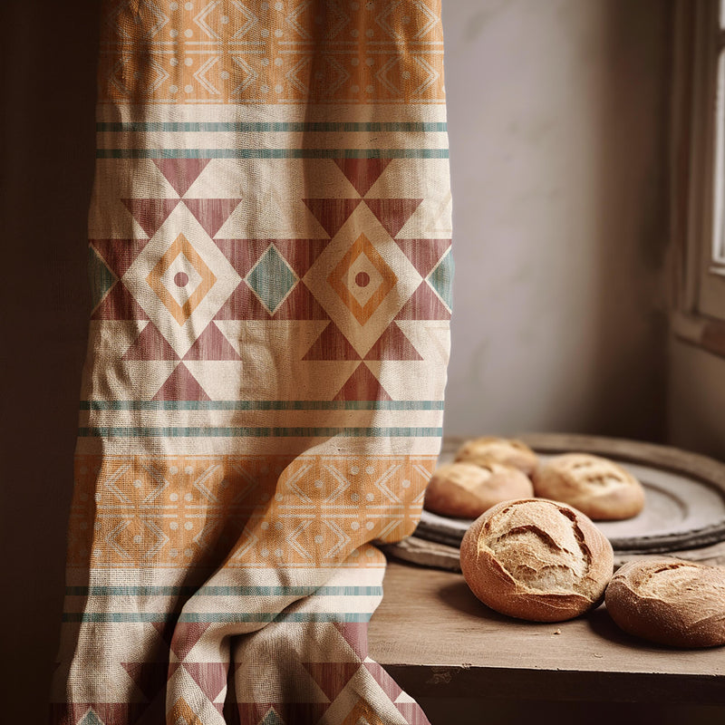 Boho Aztec Linen Curtain Panel, Geometric Southwest Window Treatment