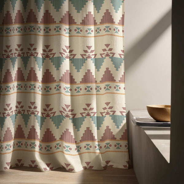 Boho Linen Curtain - Geometric Southwest Print, Custom Window Panel