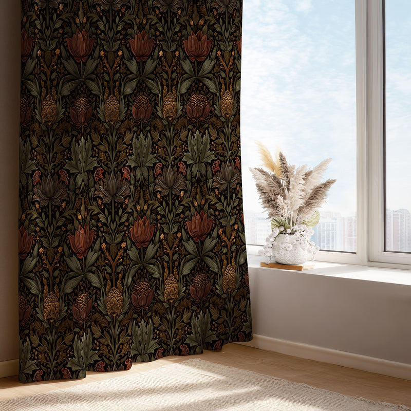 Botanical Curtain Panel: Dark Forest Lore, Burnt Orange Florals