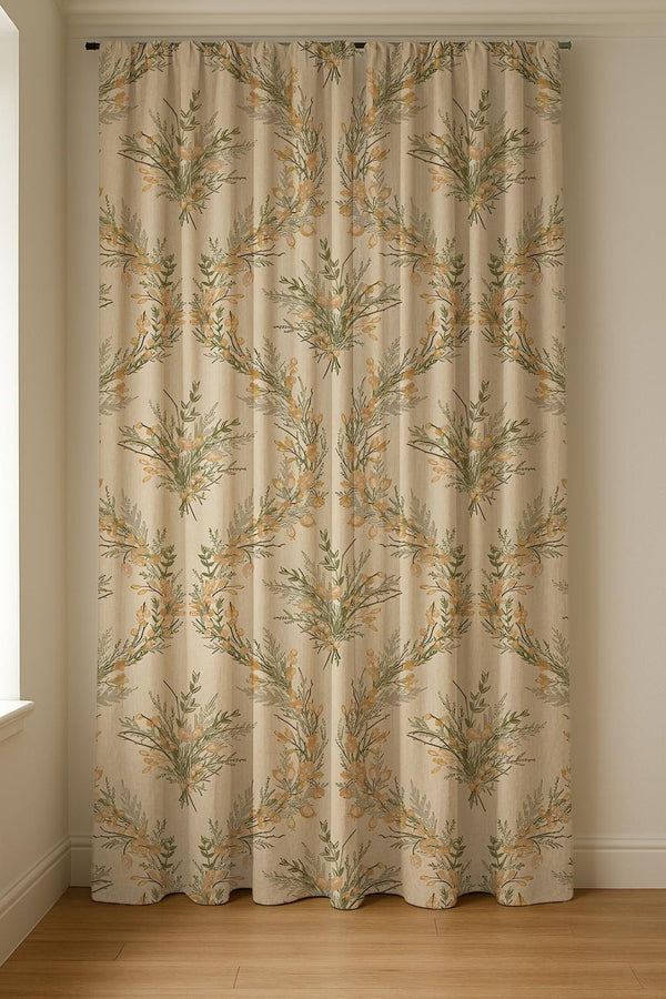 Botanical Linen Curtain – Olive Branch Wreath Pattern, Beige Green Farmhouse Window Panel