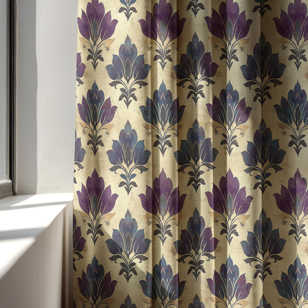Purple Damask Linen Curtain – Moody Floral Pattern, Gothic Vintage Window Panel