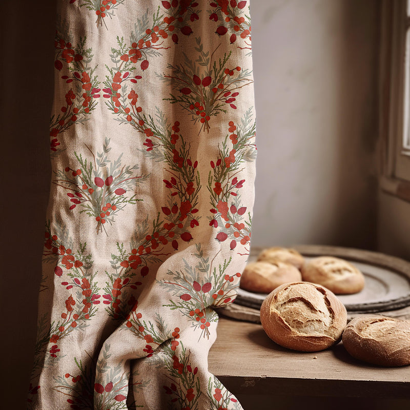 Linen Curtain Panel – Rustic Red Berry Wreath Botanical Window Drapes