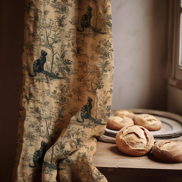 Black Cat Toile Linen Curtain – Vintage Botanical Beige Window Panel, Cottagecore Gothic Drapes