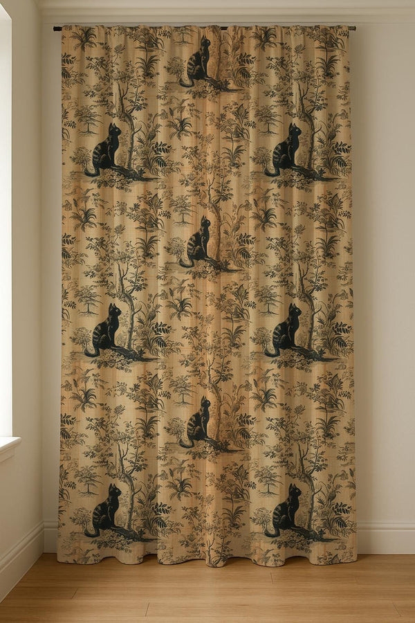 Black Cat Toile Linen Curtain – Vintage Botanical Beige Window Panel, Cottagecore Gothic Drapes