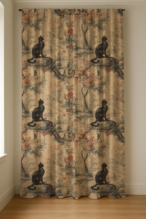 Black Cat Toile Linen Curtain – Vintage Floral Panel, Gothic Cottagecore Window Drapery