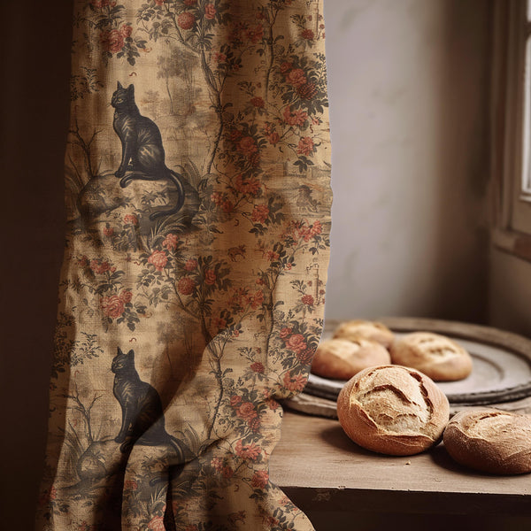 Black Cat Linen Curtain – Vintage Floral Toile Window Panel, Cottagecore French Country Drapes