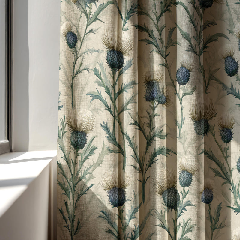 Linen Curtain – Vintage Thistle Botanical, Sage Green Floral Panel