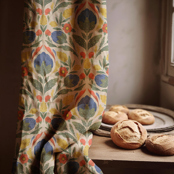 Colorful Folk Floral Linen Curtain – Boho Botanical Panel, Scandinavian Farmhouse Drapes