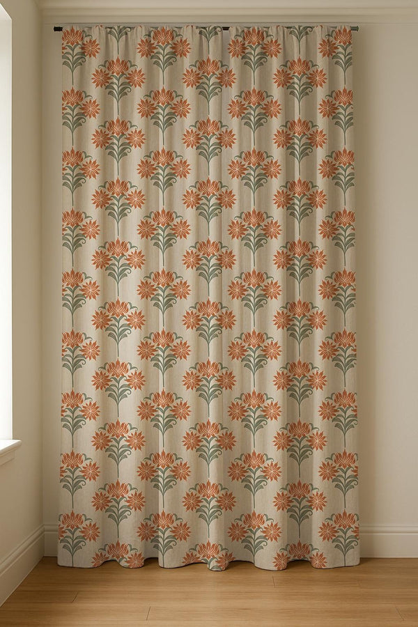 Floral Linen Curtain Panel - Burnt Orange Botanical Print