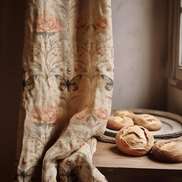 Linen Curtain - Moth & Moon Garden with Peach Roses, Art Nouveau Floral Panel