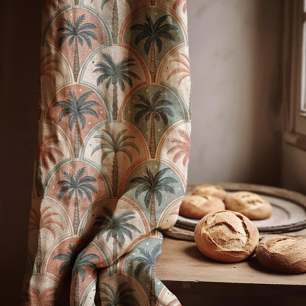 Palm Arch Linen Curtain – Retro Oasis Panel, Terracotta Teal Green Botanical Drape