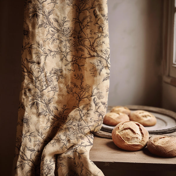 Vintage Floral Linen Curtain – Sepia Botanical Branch Print, Custom Size Panel