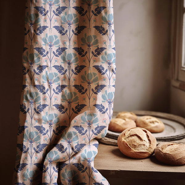 Linen Curtain – Blue Folk Floral Stripe Panel, Scandinavian Botanical Drapes