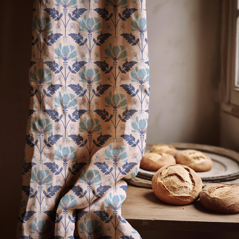Linen Curtain – Blue Folk Floral Stripe Panel, Scandinavian Botanical Drapes