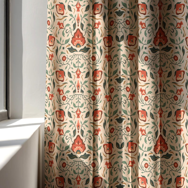 Linen Curtain – Terracotta Arts & Crafts Floral Pattern, Sage Green Botanical Panel