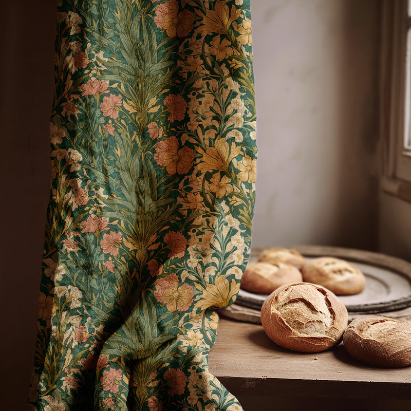 Linen Curtain Dark Green Floral Panel, Vintage Botanical Woodland Drapes, William Morris Style