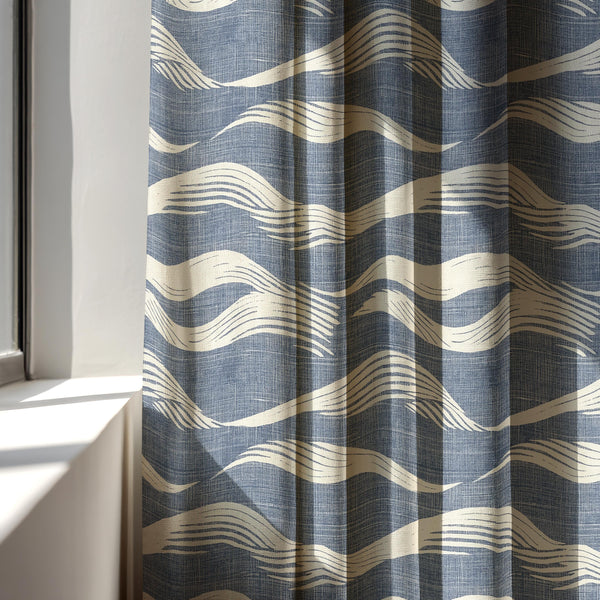Linen Curtain Coastal Indigo Wave Pattern Drapes for Living Room Bedroom