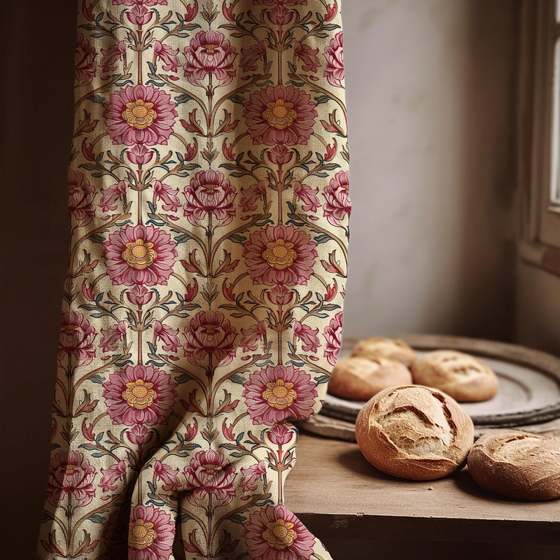Pink Floral Linen Curtain, William Morris Style Botanical Drapes