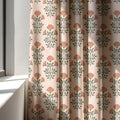 Retro Floral Linen Curtain: Peach & Olive Green Botanical Print - Image 2