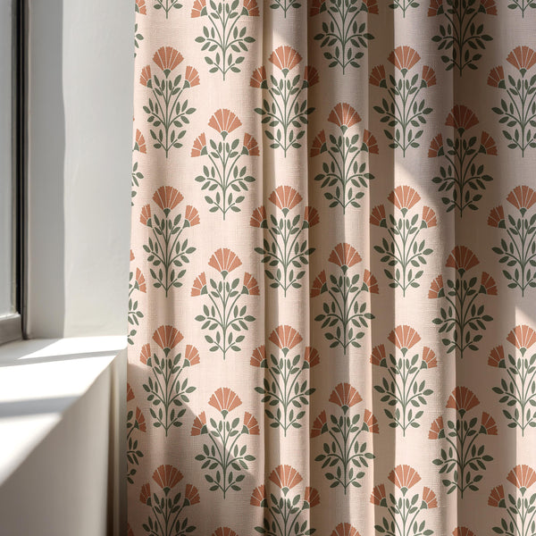 Retro Floral Linen Curtain: Peach & Olive Green Botanical Print