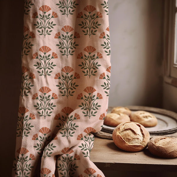 Retro Floral Linen Curtain: Peach & Olive Green Botanical Print