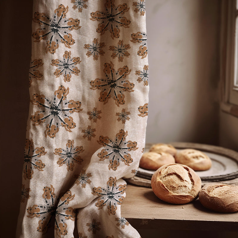 Retro Starburst Linen Curtain: Caramel Brown & Charcoal Atomic Print