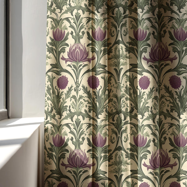 Linen Curtain – Purple Thistle Botanical, William Morris Style Floral Panel