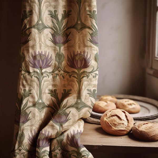 Linen Curtain – Violet Thistle Garden, Sage Green Botanical Pattern