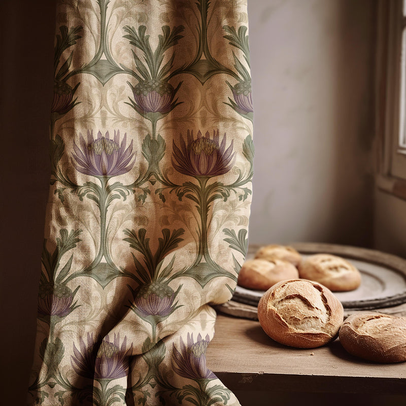 Linen Curtain – Violet Thistle Garden, Sage Green Botanical Pattern