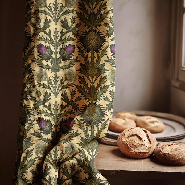Linen Curtain – Thistle Garden Pattern, William Morris Style Botanical Drapes