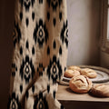 Ikat Linen Curtain Black Beige Window Panel Modern Boho Neutral Living Room Bedroom Drapery - Image 1