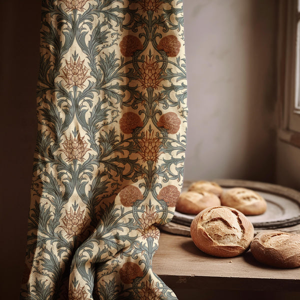 William Morris Thistle Linen Curtain Panel Green Acanthus Terracotta Floral Drapes