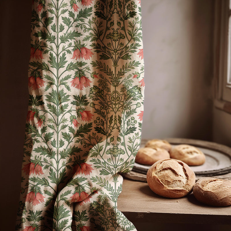 Botanical Linen Curtain Panel: Red Floral William Morris Style