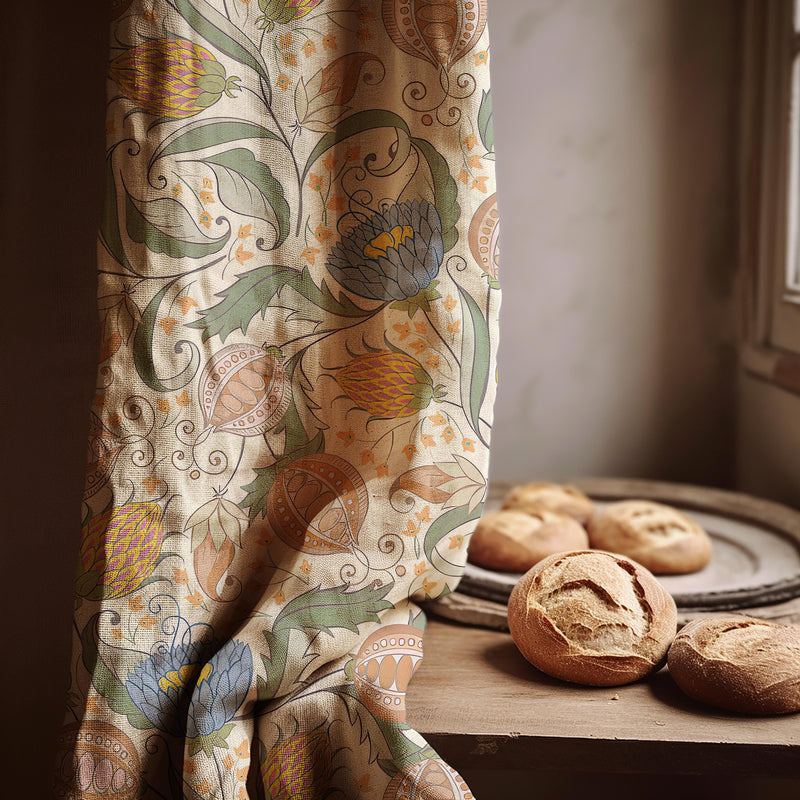 Art Nouveau Linen Curtain Panel: Botanical Seed Pod Print