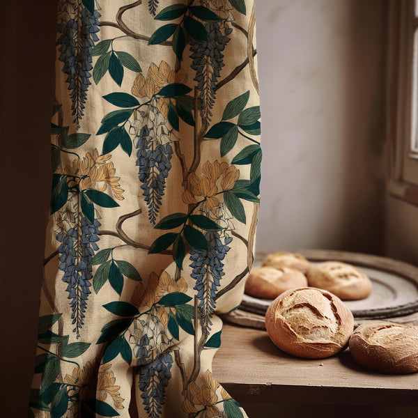 Wisteria Linen Curtain Panel - Botanical Vine Art Nouveau Drapery