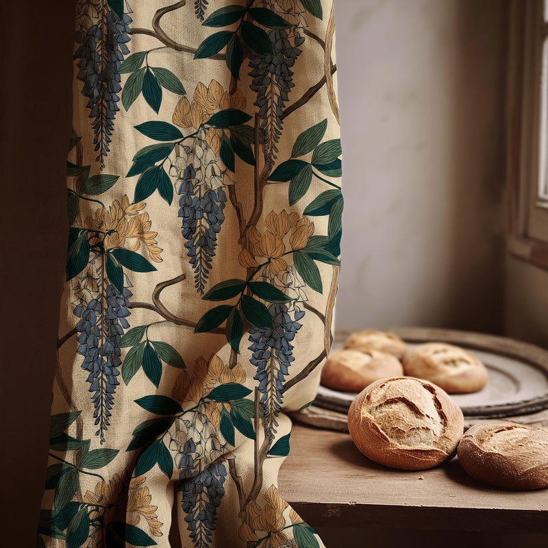 Wisteria Linen Curtain Panel - Botanical Vine Art Nouveau Drapery