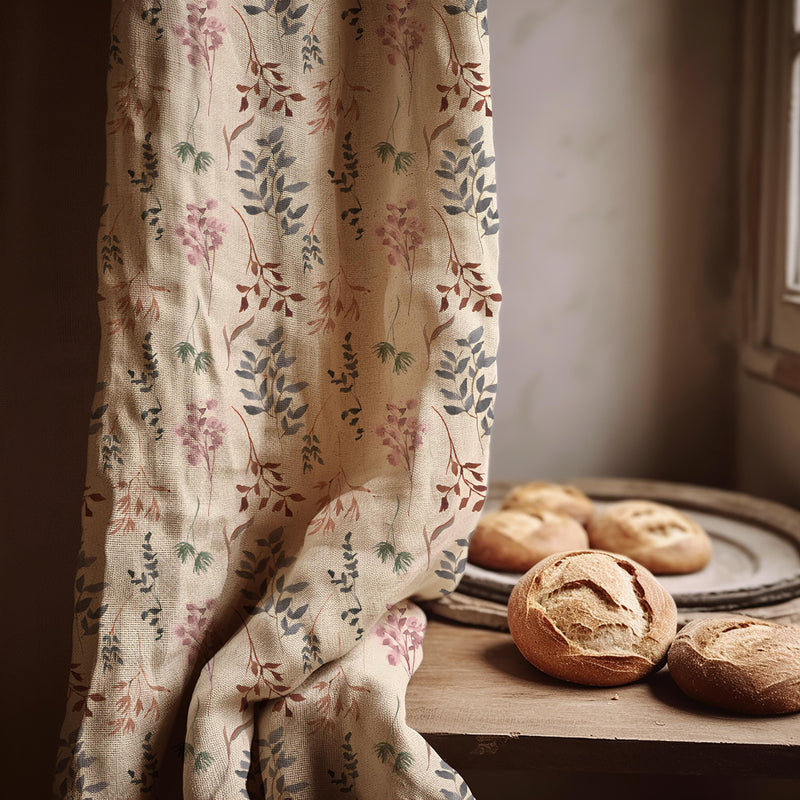 Botanical Linen Curtain Panel – Neutral Leaf Print, Soft Floral Drapery