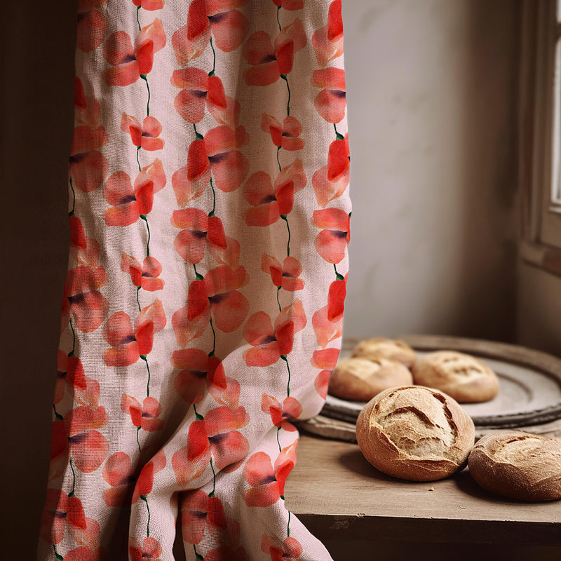 Red Poppy Linen Curtain Panel - Watercolor Floral Print