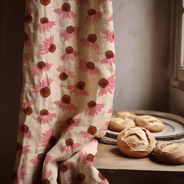 Pink Daisy Linen Curtain Panel - Retro Floral Cottage Decor